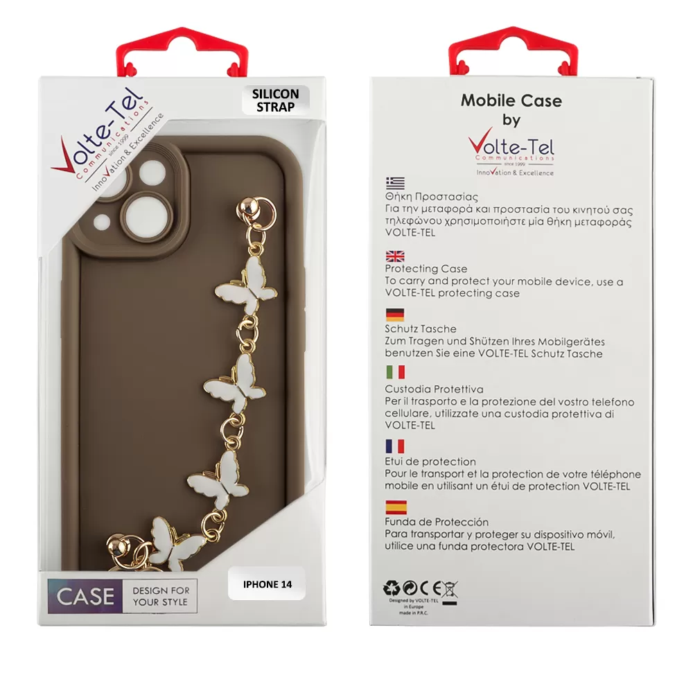 VOLTE-TEL SILICON TPU WITH STRAP ΘΗΚΗ IPHONE 14 6.1in  FULL CAMERA PROTECTION BROWN WITH WHITE BUTTERFLIES - Image 2