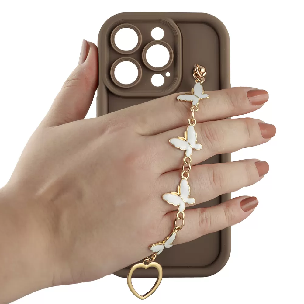 VOLTE-TEL SILICON TPU WITH STRAP ΘΗΚΗ IPHONE 14 PRO 6.1in  FULL CAMERA PROTECTION BROWN WITH WHITE BUTTERFLIES - Image 5