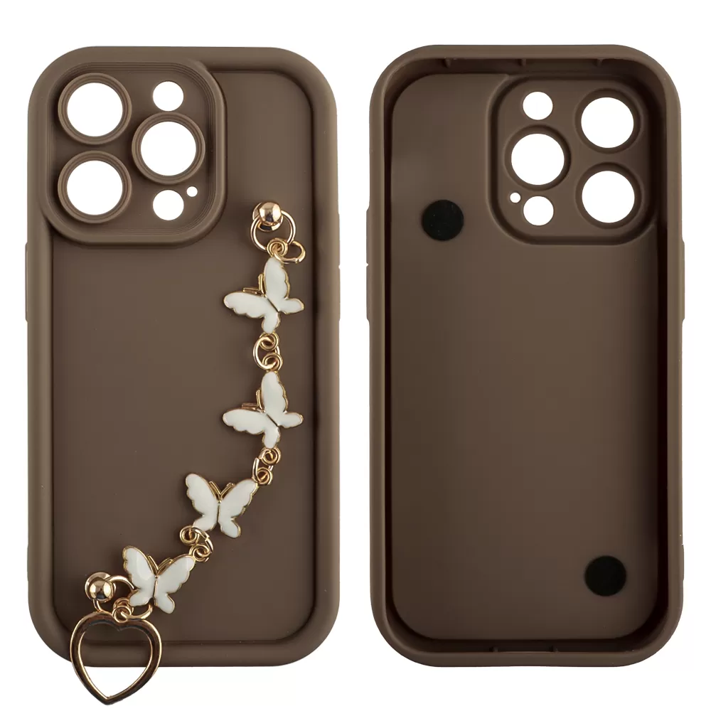 VOLTE-TEL SILICON TPU WITH STRAP ΘΗΚΗ IPHONE 14 PRO 6.1in  FULL CAMERA PROTECTION BROWN WITH WHITE BUTTERFLIES - Image 3