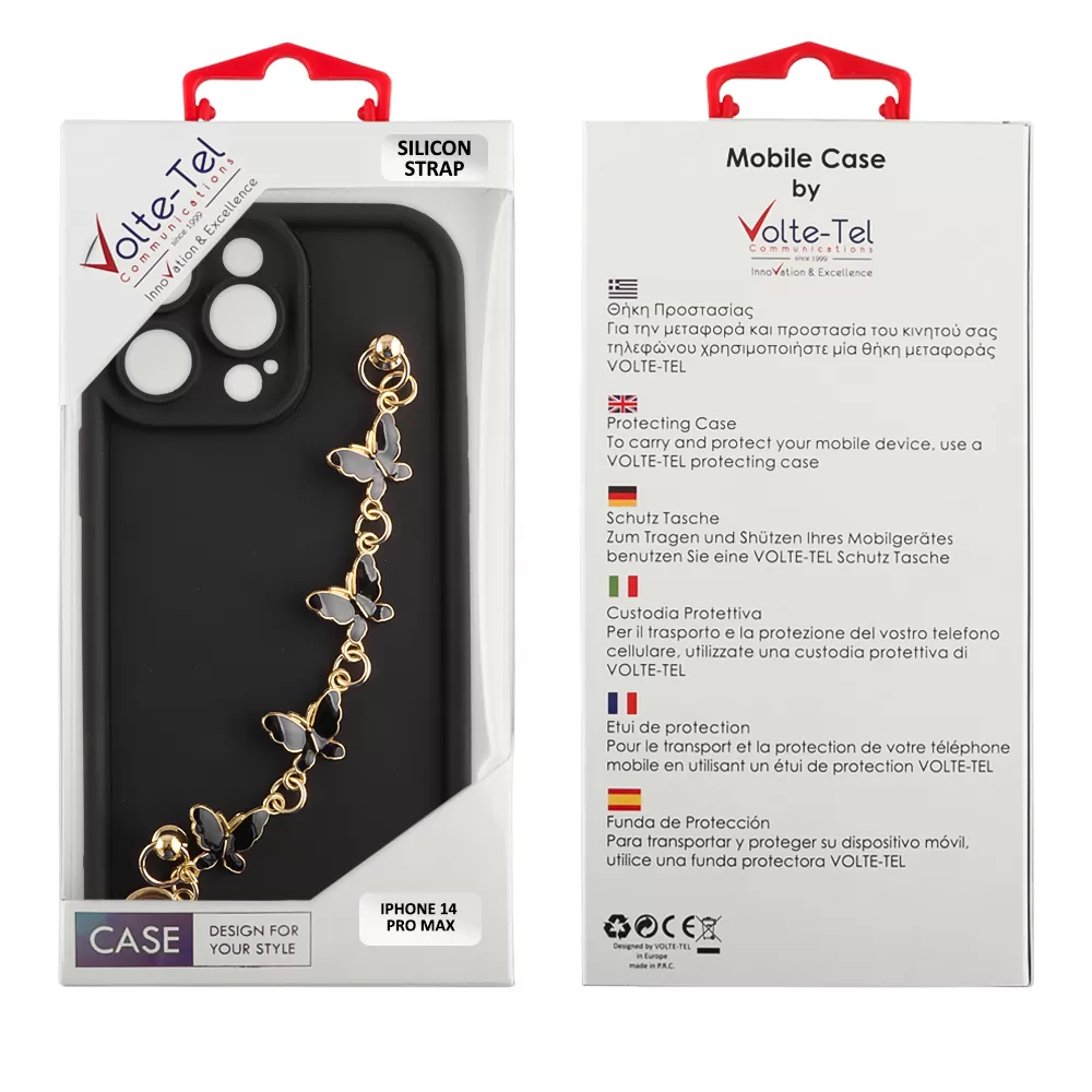VOLTE-TEL SILICON TPU WITH STRAP ΘΗΚΗ IPHONE 14 PRO MAX 6.7in  FULL CAMERA PROTECTION BLACK WITH BLACK BUTTERFLIES - Image 2