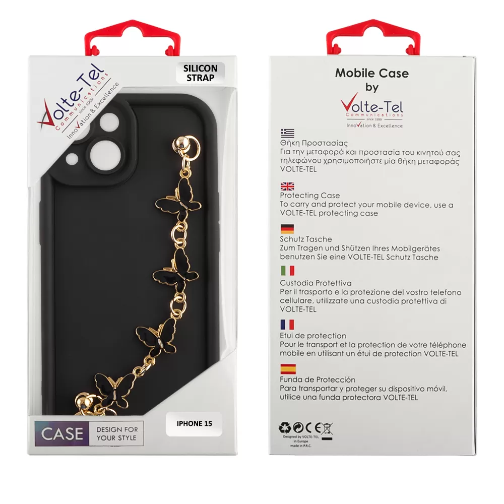 VOLTE-TEL SILICON TPU WITH STRAP ΘΗΚΗ IPHONE 15 6.1in  FULL CAMERA PROTECTION BLACK WITH BLACK BUTTERFLIES - Image 2