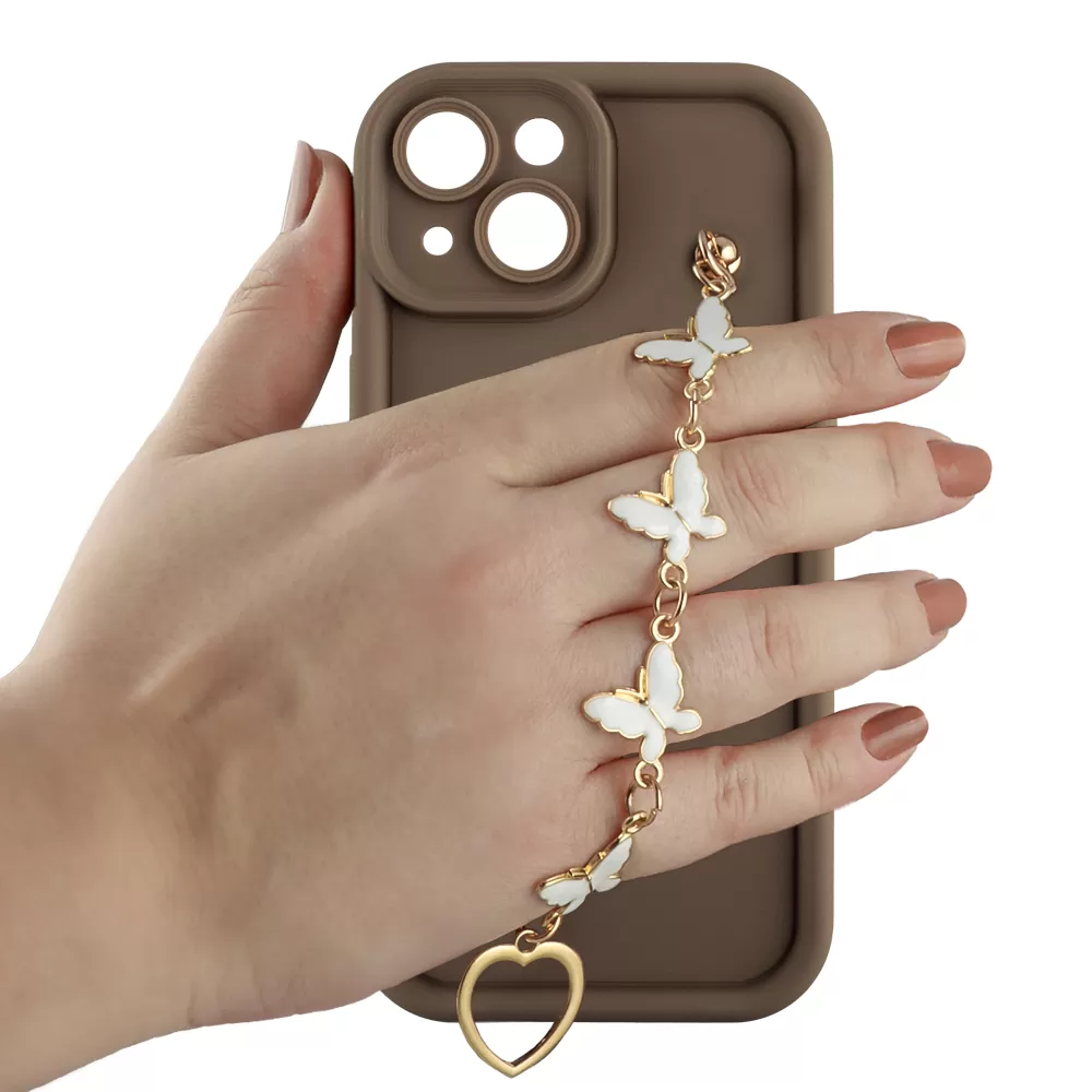 VOLTE-TEL SILICON TPU WITH STRAP ΘΗΚΗ IPHONE 15 6.1in  FULL CAMERA PROTECTION BROWN WITH WHITE BUTTERFLIES - Image 5