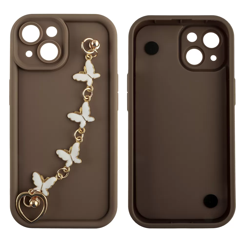 VOLTE-TEL SILICON TPU WITH STRAP ΘΗΚΗ IPHONE 15 6.1in  FULL CAMERA PROTECTION BROWN WITH WHITE BUTTERFLIES - Image 3