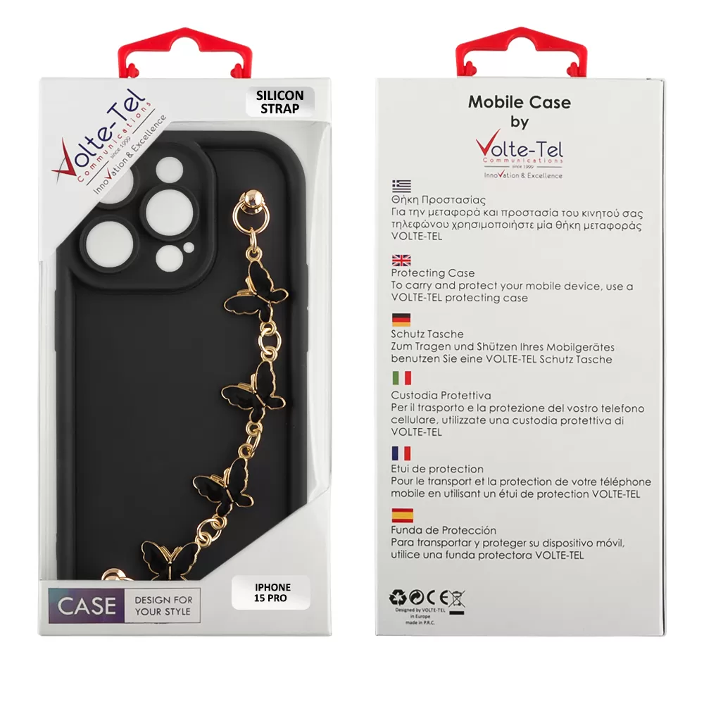 VOLTE-TEL SILICON TPU WITH STRAP ΘΗΚΗ IPHONE 15 PRO 6.1in  FULL CAMERA PROTECTION BLACK WITH BLACK BUTTERFLIES - Image 2