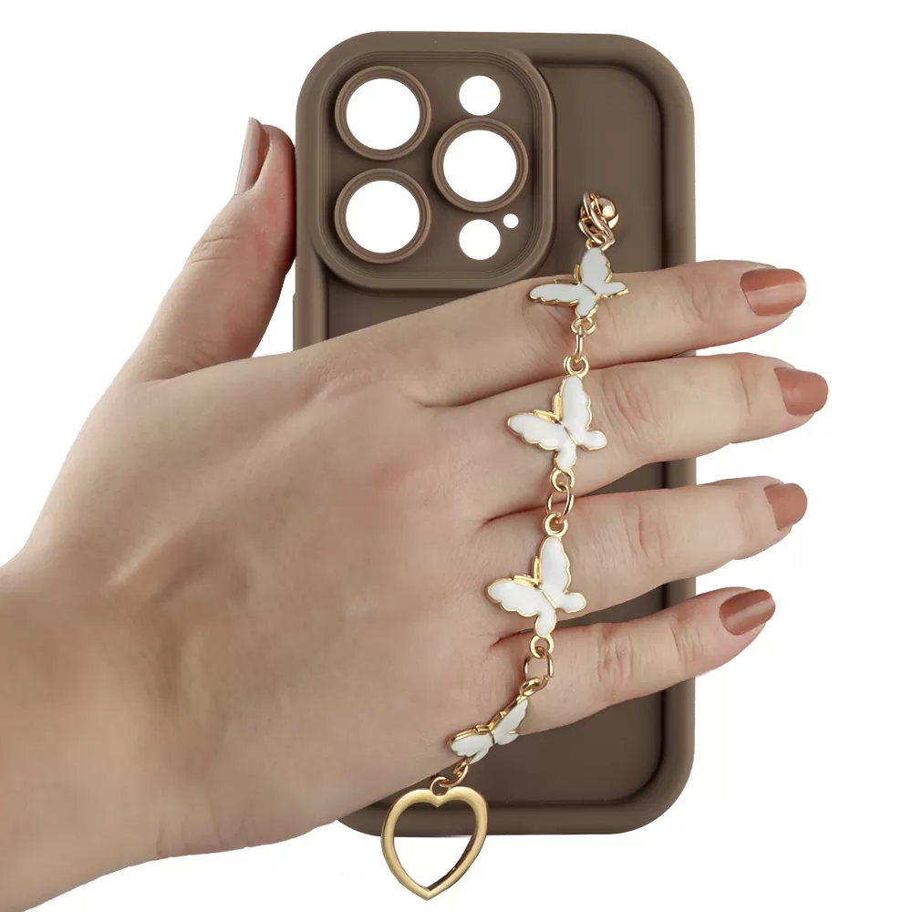VOLTE-TEL SILICON TPU WITH STRAP ΘΗΚΗ IPHONE 15 PRO 6.1in  FULL CAMERA PROTECTION BROWN WITH WHITE BUTTERFLIES - Image 5