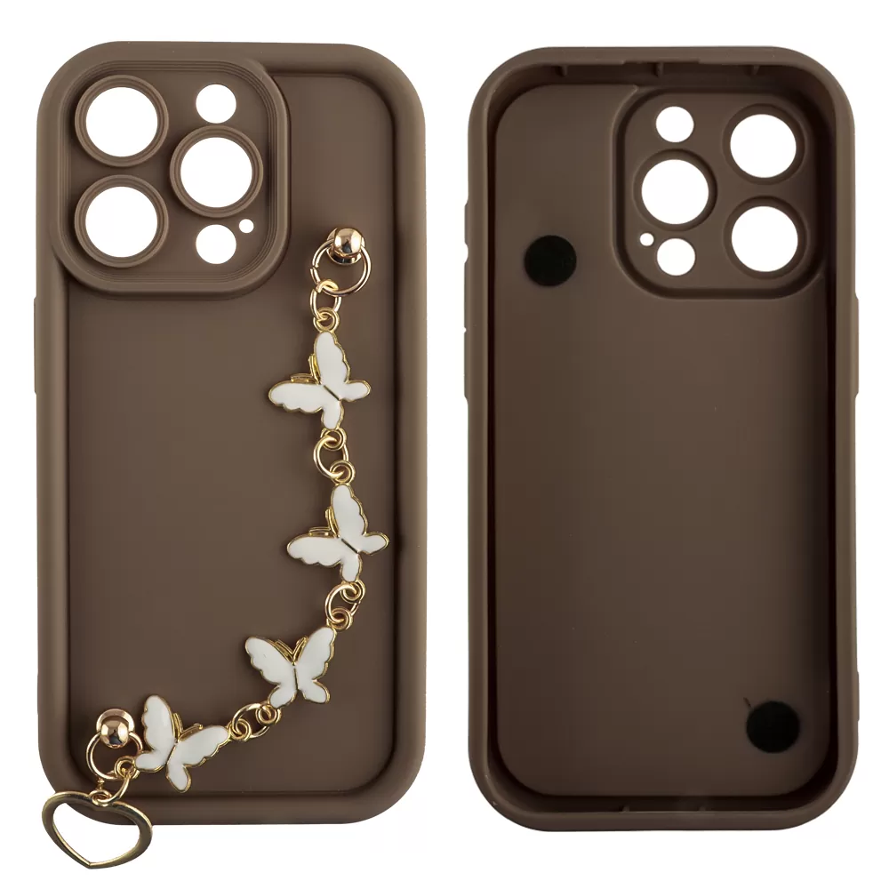 VOLTE-TEL SILICON TPU WITH STRAP ΘΗΚΗ IPHONE 15 PRO 6.1in  FULL CAMERA PROTECTION BROWN WITH WHITE BUTTERFLIES - Image 3