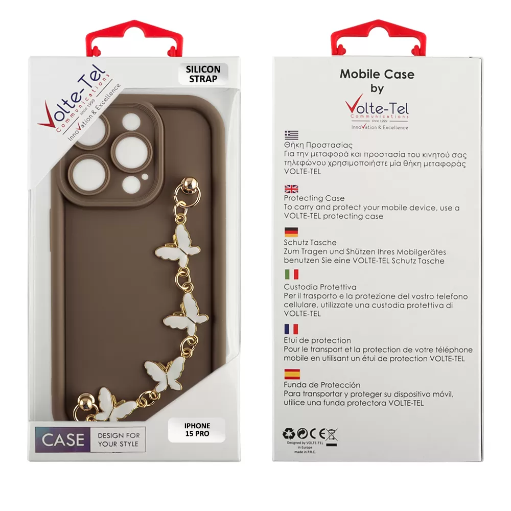 VOLTE-TEL SILICON TPU WITH STRAP ΘΗΚΗ IPHONE 15 PRO 6.1in  FULL CAMERA PROTECTION BROWN WITH WHITE BUTTERFLIES - Image 2