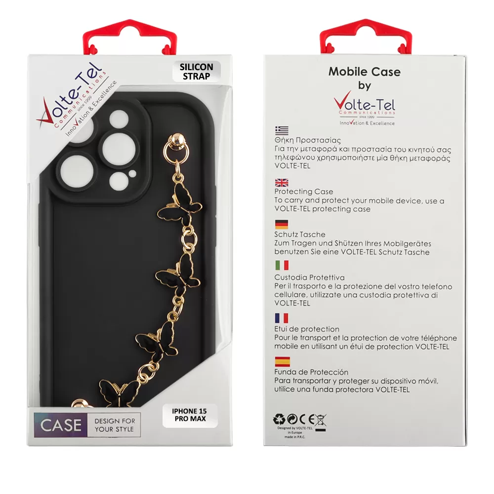 VOLTE-TEL SILICON TPU WITH STRAP ΘΗΚΗ IPHONE 15 PRO MAX 6.7in  FULL CAMERA PROTECTION BLACK WITH BLACK BUTTERFLIES - Image 2