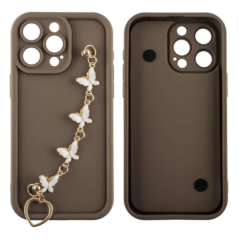 VOLTE-TEL SILICON TPU WITH STRAP ΘΗΚΗ IPHONE 15 PRO MAX 6.7in  FULL CAMERA PROTECTION BROWN WITH WHITE BUTTERFLIES - Image 3