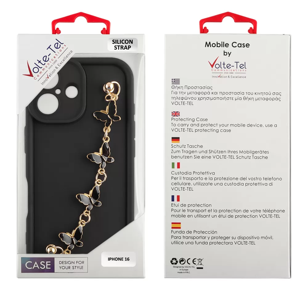VOLTE-TEL SILICON TPU WITH STRAP ΘΗΚΗ IPHONE 16 6.1in  FULL CAMERA PROTECTION BLACK WITH BLACK BUTTERFLIES - Image 2