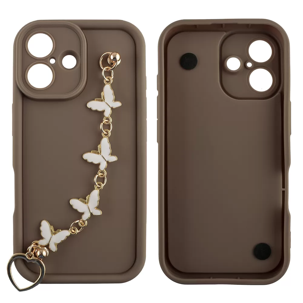 VOLTE-TEL SILICON TPU WITH STRAP ΘΗΚΗ IPHONE 16 6.1in  FULL CAMERA PROTECTION BROWN WITH WHITE BUTTERFLIES - Image 3