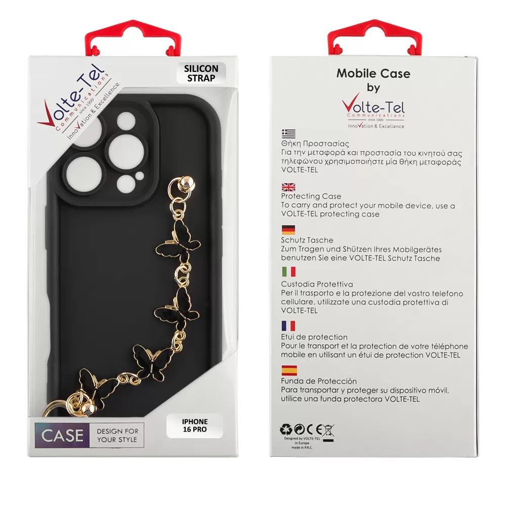 VOLTE-TEL SILICON TPU WITH STRAP ΘΗΚΗ IPHONE 16 PRO 6.3in  FULL CAMERA PROTECTION BLACK WITH BLACK BUTTERFLIES - Image 2
