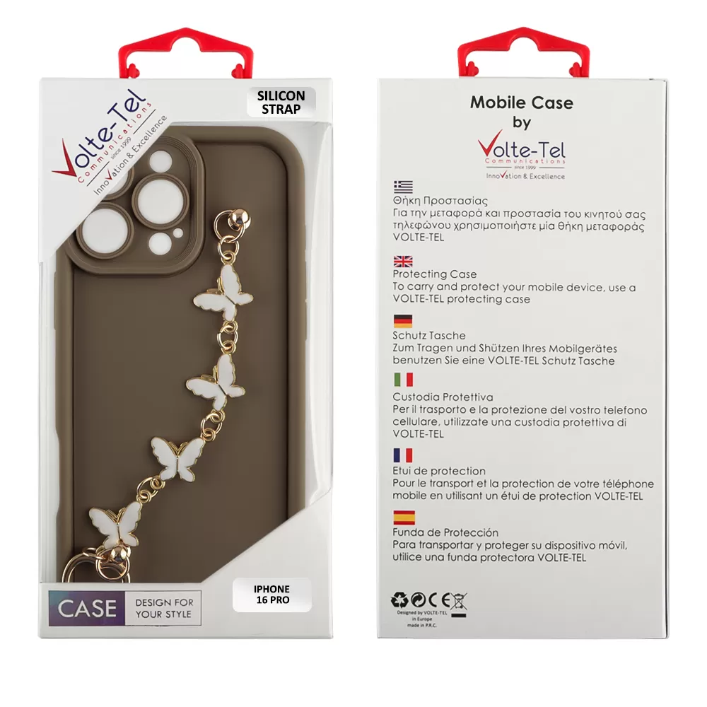 VOLTE-TEL SILICON TPU WITH STRAP ΘΗΚΗ IPHONE 16 PRO 6.3in  FULL CAMERA PROTECTION BROWN WITH WHITE BUTTERFLIES - Image 2