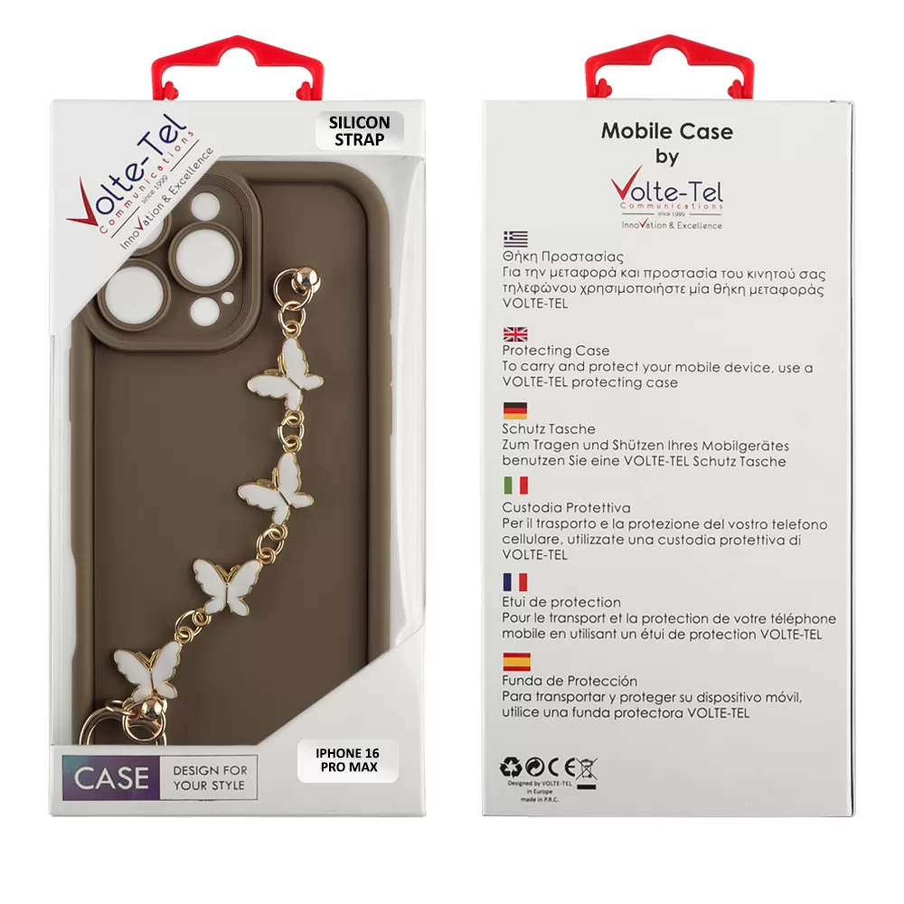 VOLTE-TEL SILICON TPU WITH STRAP ΘΗΚΗ IPHONE 16 PRO MAX 6.9in  FULL CAMERA PROTECTION BROWN WITH WHITE BUTTERFLIES - Image 2