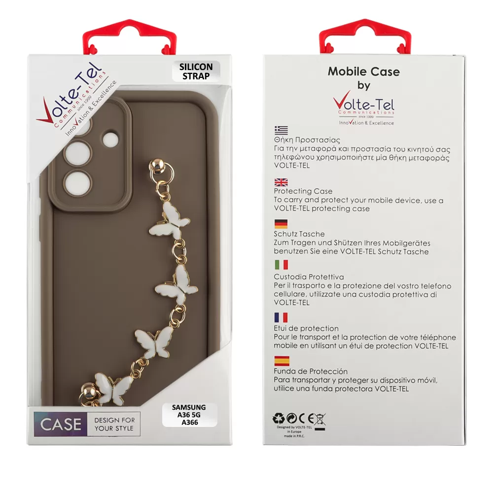 VOLTE-TEL SILICON TPU WITH STRAP ΘΗΚΗ SAMSUNG A36 5G A366 6.7in  FULL CAMERA PROTECTION BROWN WITH WHITE BUTTERFLIES - Image 2