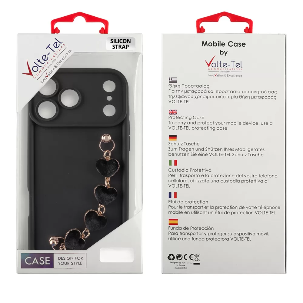 VOLTE-TEL SILICON TPU WITH STRAP ΘΗΚΗ IPHONE 17 PRO MAX 6.9in  FULL CAMERA PROTECTION BLACK WITH BLACK HEARTS - Image 2