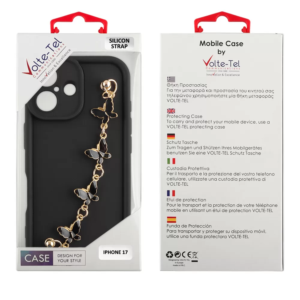 VOLTE-TEL SILICON TPU WITH STRAP ΘΗΚΗ IPHONE 17 6.3in  FULL CAMERA PROTECTION BLACK WITH BLACK BUTTERFLIES - Image 2