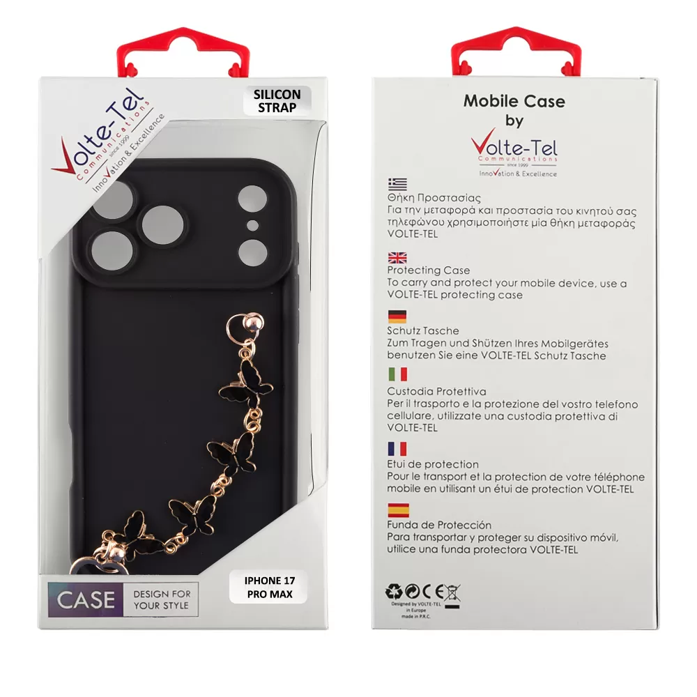 VOLTE-TEL SILICON TPU WITH STRAP ΘΗΚΗ IPHONE 17 PRO MAX 6.9in  FULL CAMERA PROTECTION BLACK WITH BLACK BUTTERFLIES - Image 2