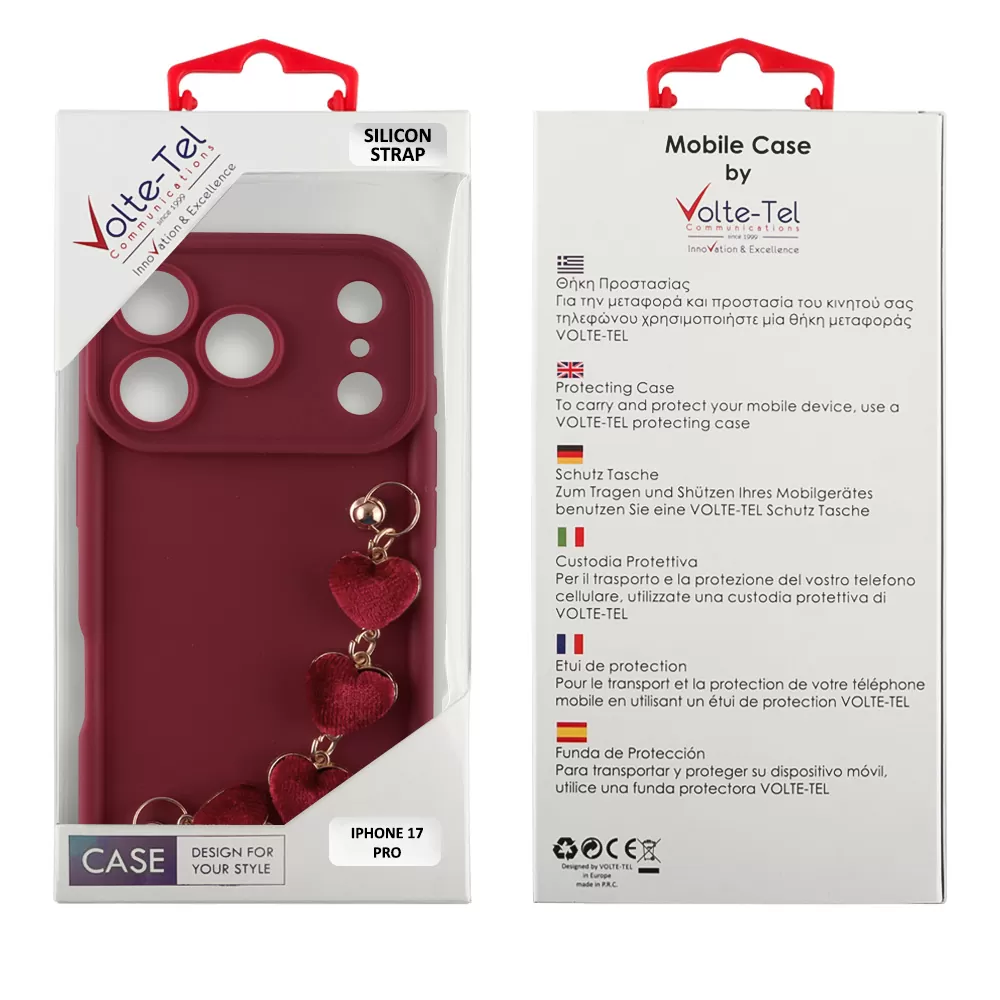 VOLTE-TEL SILICON TPU WITH STRAP ΘΗΚΗ IPHONE 17 PRO 6.3in  FULL CAMERA PROTECTION BURGUNDY WITH RED HEARTS - Image 2