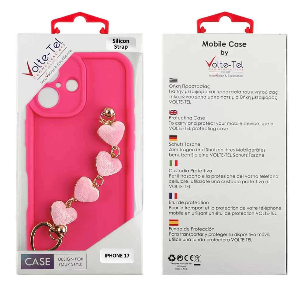 VOLTE-TEL SILICON TPU WITH STRAP ΘΗΚΗ IPHONE 17 6.3in  FULL CAMERA PROTECTION PINK WITH PINK HEARTS - Image 2