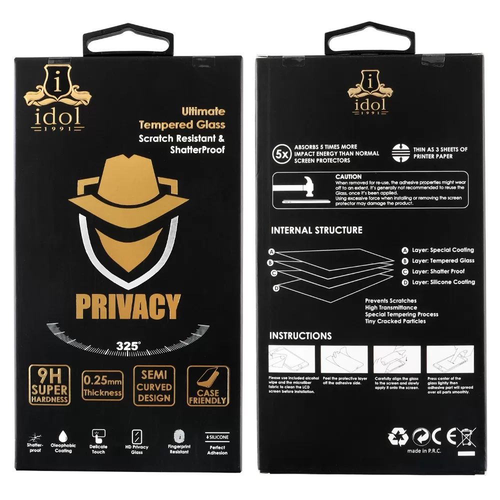 IDOL 1991 PRIVACY ANTISPY TEMPERED GLASS SAMSUNG A55 5G A556 6.6in 9H 0.25mm SEMI CURVED FULL GLUE BLACK - Image 2