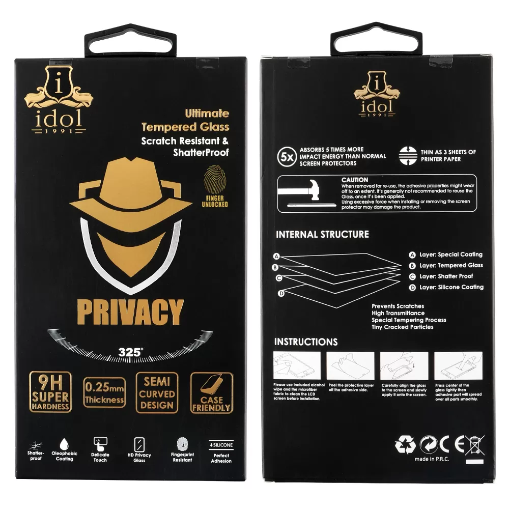 IDOL 1991 PRIVACY ANTISPY TEMPERED GLASS SAMSUNG S24 5G 6.2in 9H 0.25mm 3D SEMI CURVED EDGE GLUE FINGER UNLOCK BLACK - Image 2