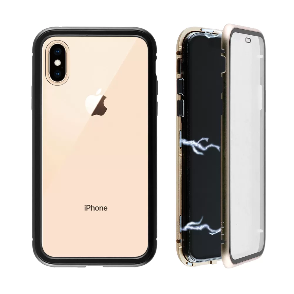 IDOL 1991 MAGNETIC METAL FRAME ΘΗΚΗ IPHONE XS/X 5.8in GOLD+TEMPERED GLASS BACK-FRONT