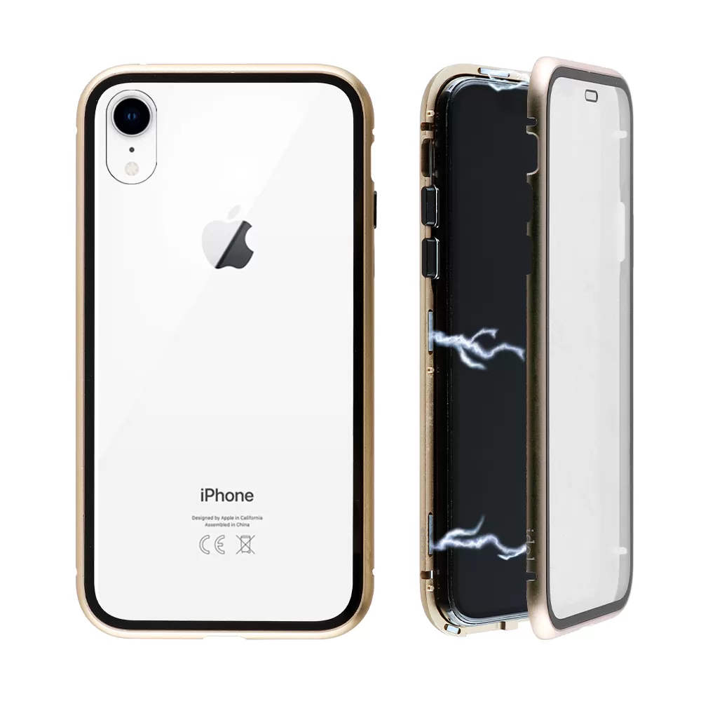 IDOL 1991 MAGNETIC METAL FRAME ΘΗΚΗ IPHONE XR 6.1in GOLD+TEMPERED GLASS BACK-FRONT