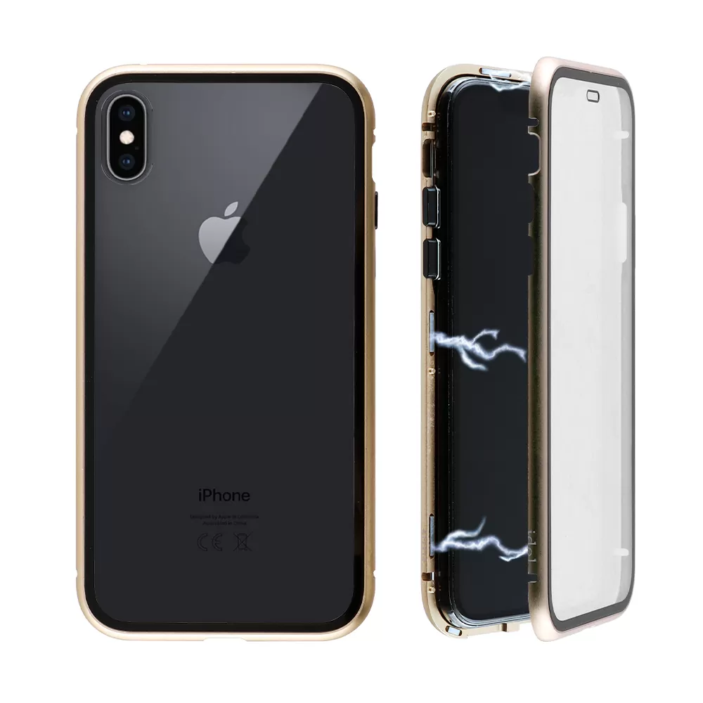 IDOL 1991 MAGNETIC METAL FRAME ΘΗΚΗ IPHONE XS MAX 6.5in GOLD+TEMPERED GLASS BACK-FRONT
