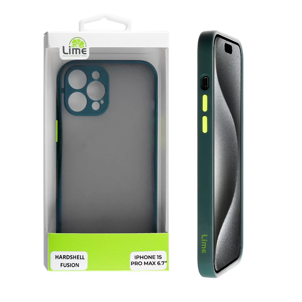 LIME HARDSHELL FUSION ΘΗΚΗ IPHONE 15 PRO MAX 6.7in  FULL CAMERA PROTECTION GREEN WITH YELLOW KEYS