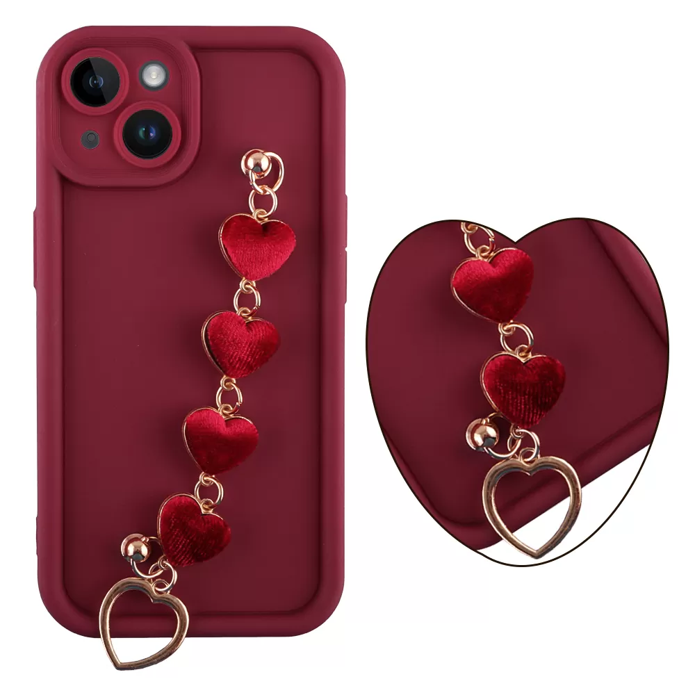 VOLTE-TEL SILICON TPU WITH STRAP ΘΗΚΗ IPHONE 14 6.1in  FULL CAMERA PROTECTION BURGUNDY WITH RED HEARTS