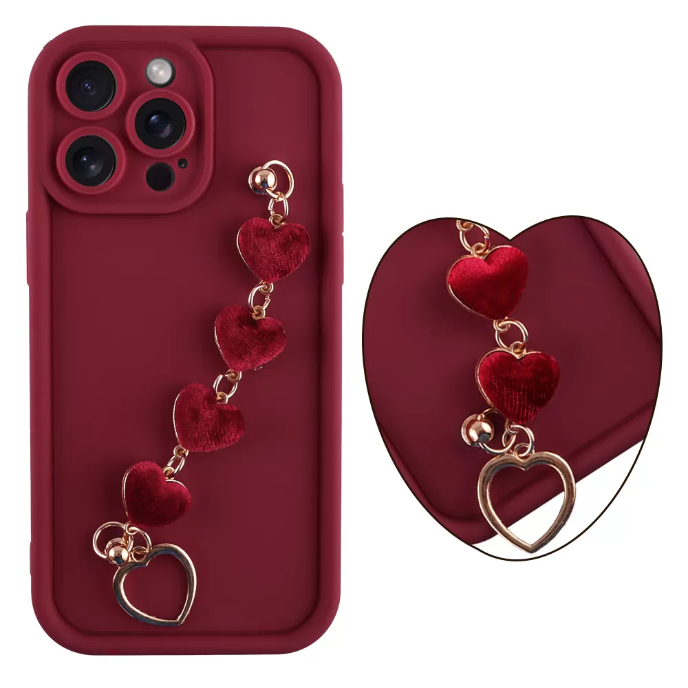 VOLTE-TEL SILICON TPU WITH STRAP ΘΗΚΗ IPHONE 15 PRO MAX 6.7in  FULL CAMERA PROTECTION BURGUNDY WITH RED HEARTS