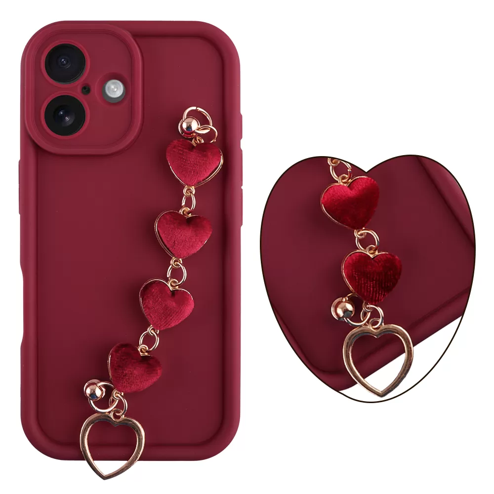 VOLTE-TEL SILICON TPU WITH STRAP ΘΗΚΗ IPHONE 16 6.1in  FULL CAMERA PROTECTION BURGUNDY WITH RED HEARTS
