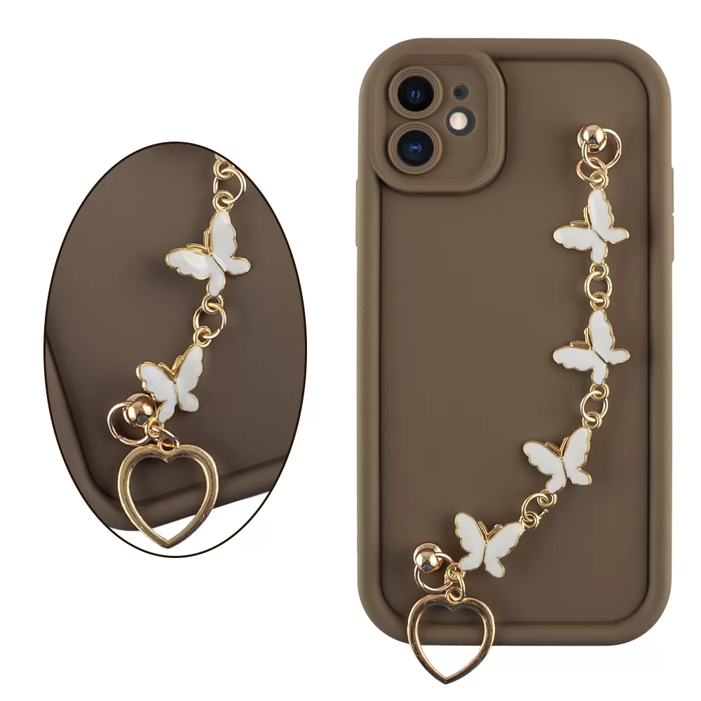 VOLTE-TEL SILICON TPU WITH STRAP ΘΗΚΗ IPHONE 11 6.1in  FULL CAMERA PROTECTION BROWN WITH WHITE BUTTERFLIES