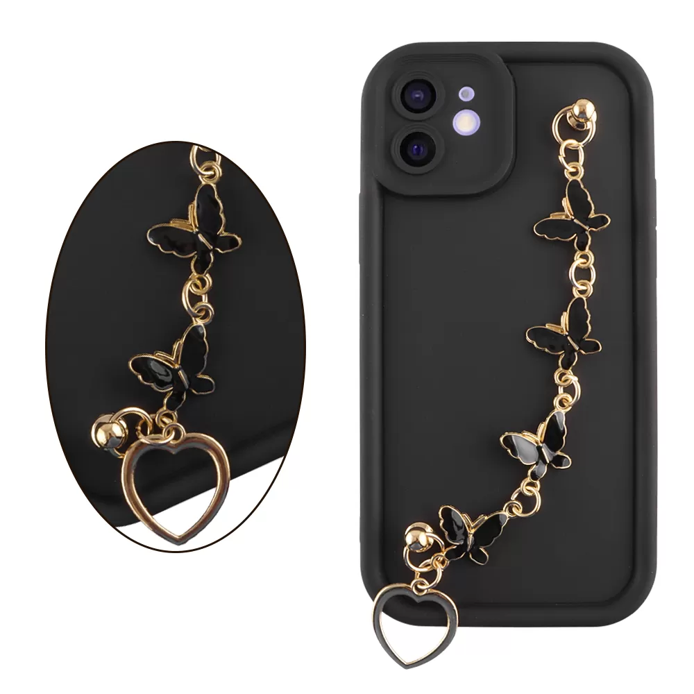 VOLTE-TEL SILICON TPU WITH STRAP ΘΗΚΗ IPHONE 12 6.1in  FULL CAMERA PROTECTION BLACK WITH BLACK BUTTERFLIES