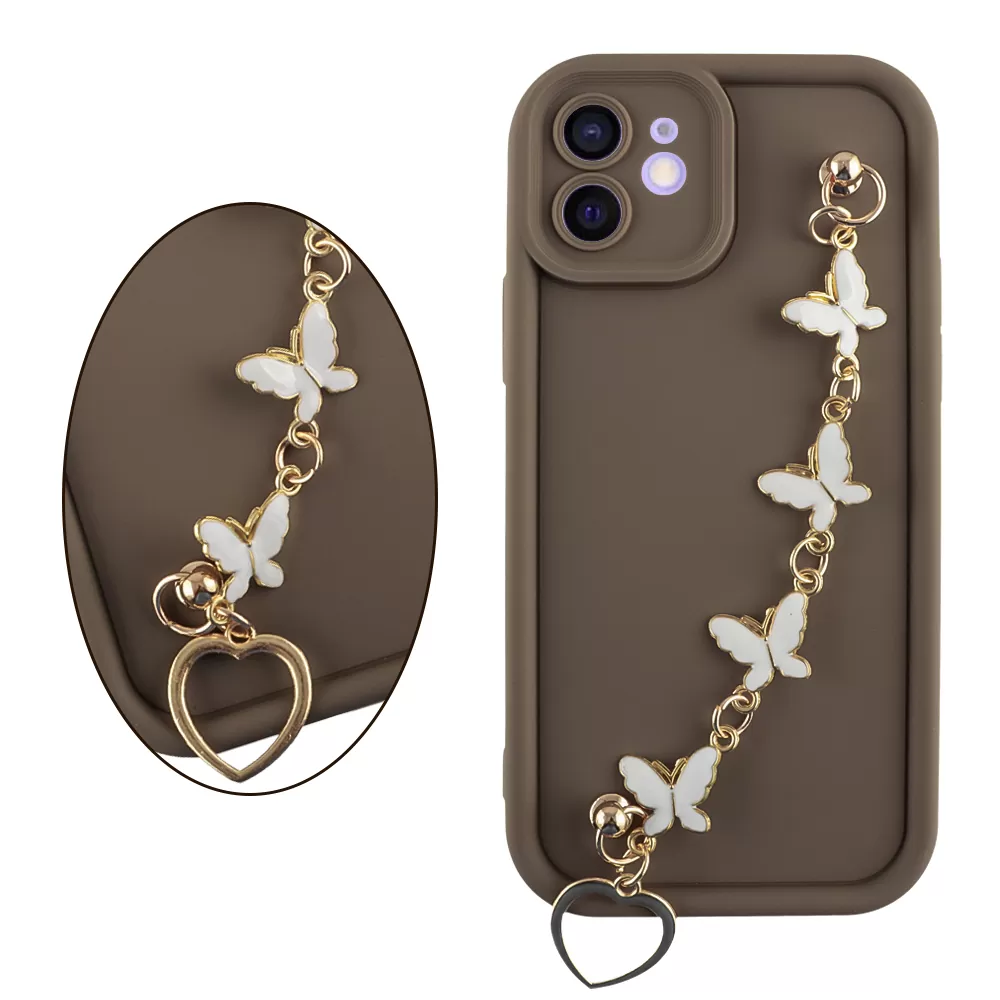 VOLTE-TEL SILICON TPU WITH STRAP ΘΗΚΗ IPHONE 12 6.1in  FULL CAMERA PROTECTION BROWN WITH WHITE BUTTERFLIES