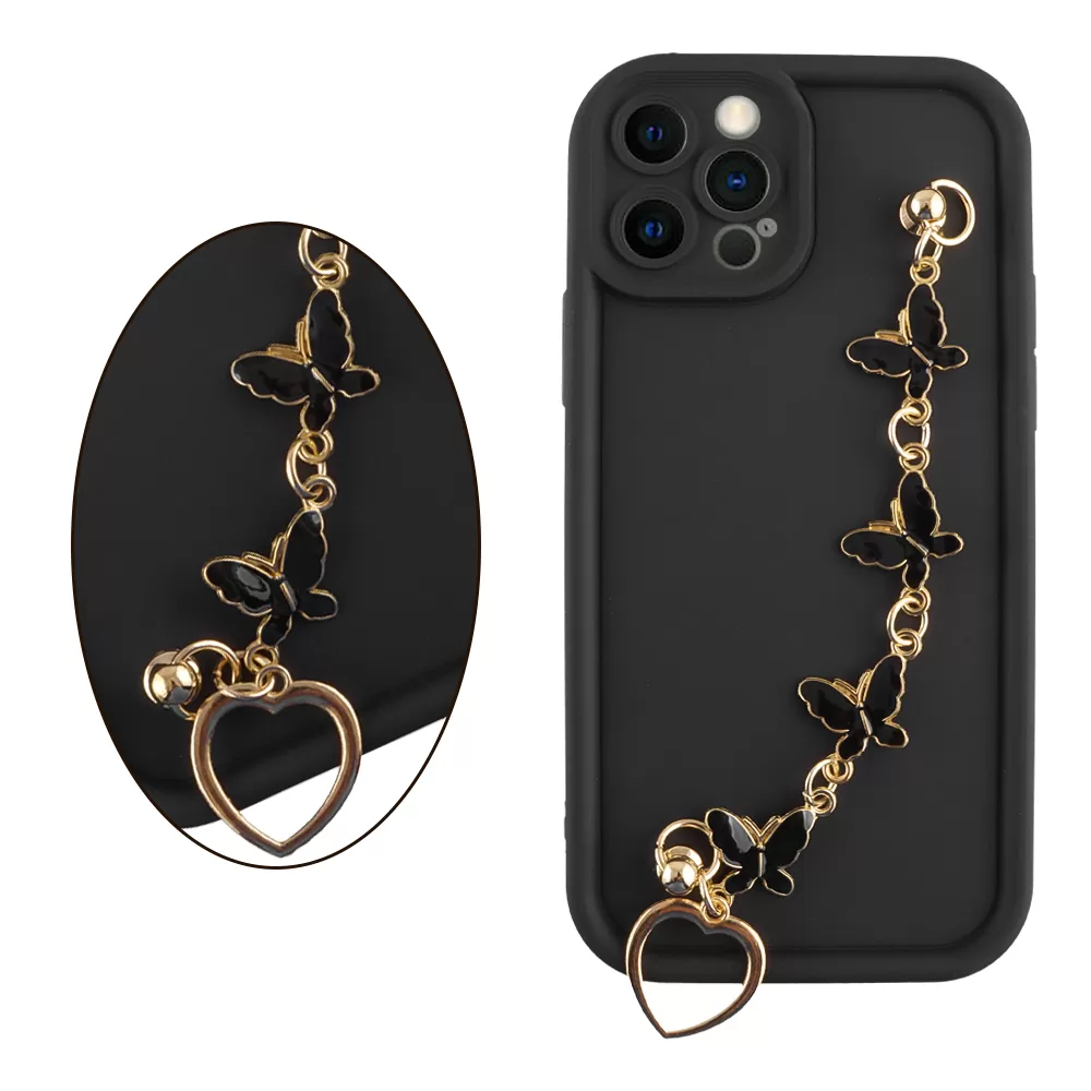 VOLTE-TEL SILICON TPU WITH STRAP ΘΗΚΗ IPHONE 12 PRO 6.1in  FULL CAMERA PROTECTION BLACK WITH BLACK BUTTERFLIES