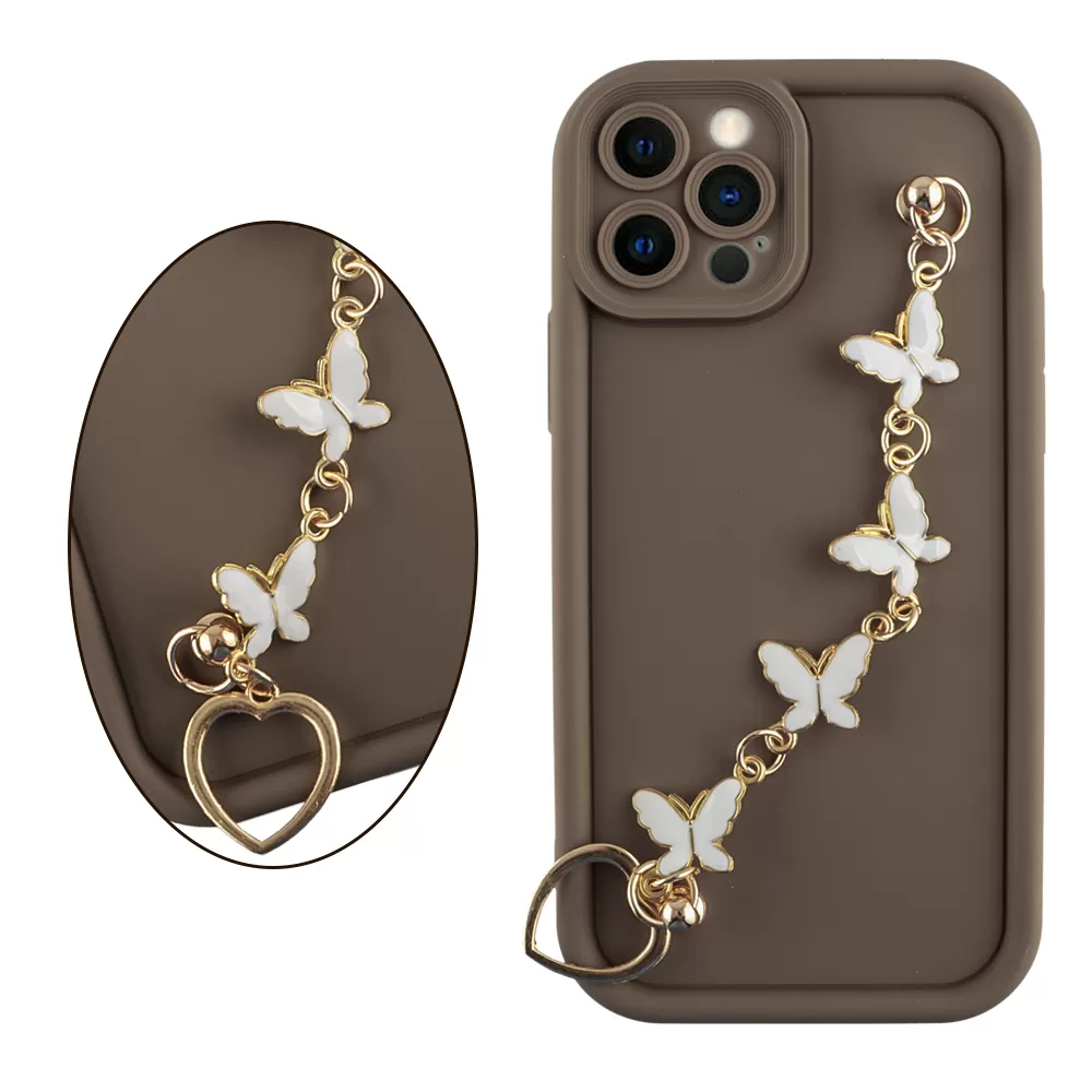 VOLTE-TEL SILICON TPU WITH STRAP ΘΗΚΗ IPHONE 12 PRO 6.1in  FULL CAMERA PROTECTION BROWN WITH WHITE BUTTERFLIES