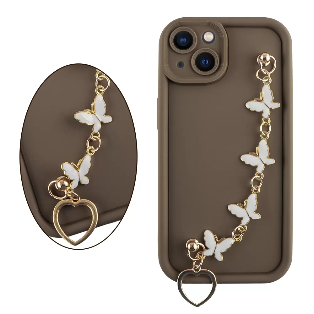 VOLTE-TEL SILICON TPU WITH STRAP ΘΗΚΗ IPHONE 13 6.1in  FULL CAMERA PROTECTION BROWN WITH WHITE BUTTERFLIES