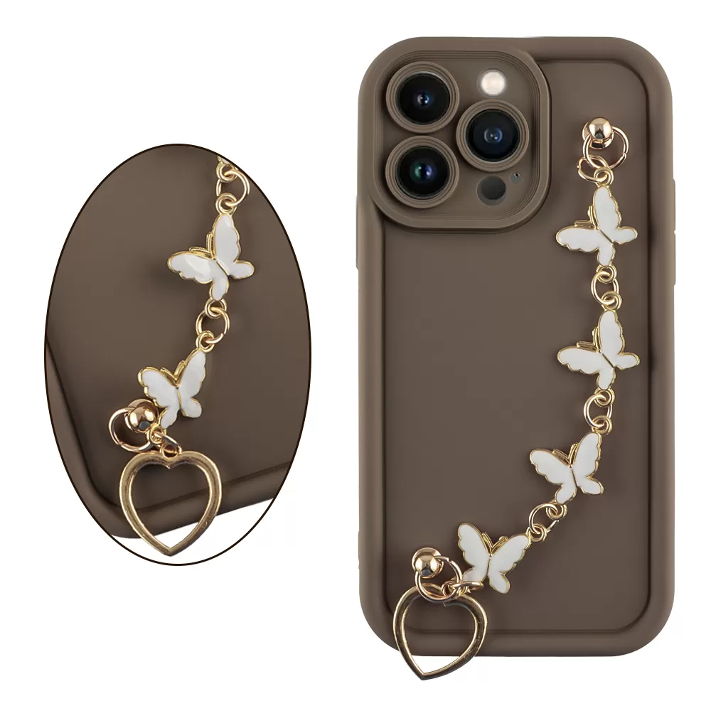 VOLTE-TEL SILICON TPU WITH STRAP ΘΗΚΗ IPHONE 13 PRO 6.1in  FULL CAMERA PROTECTION BROWN WITH WHITE BUTTERFLIES