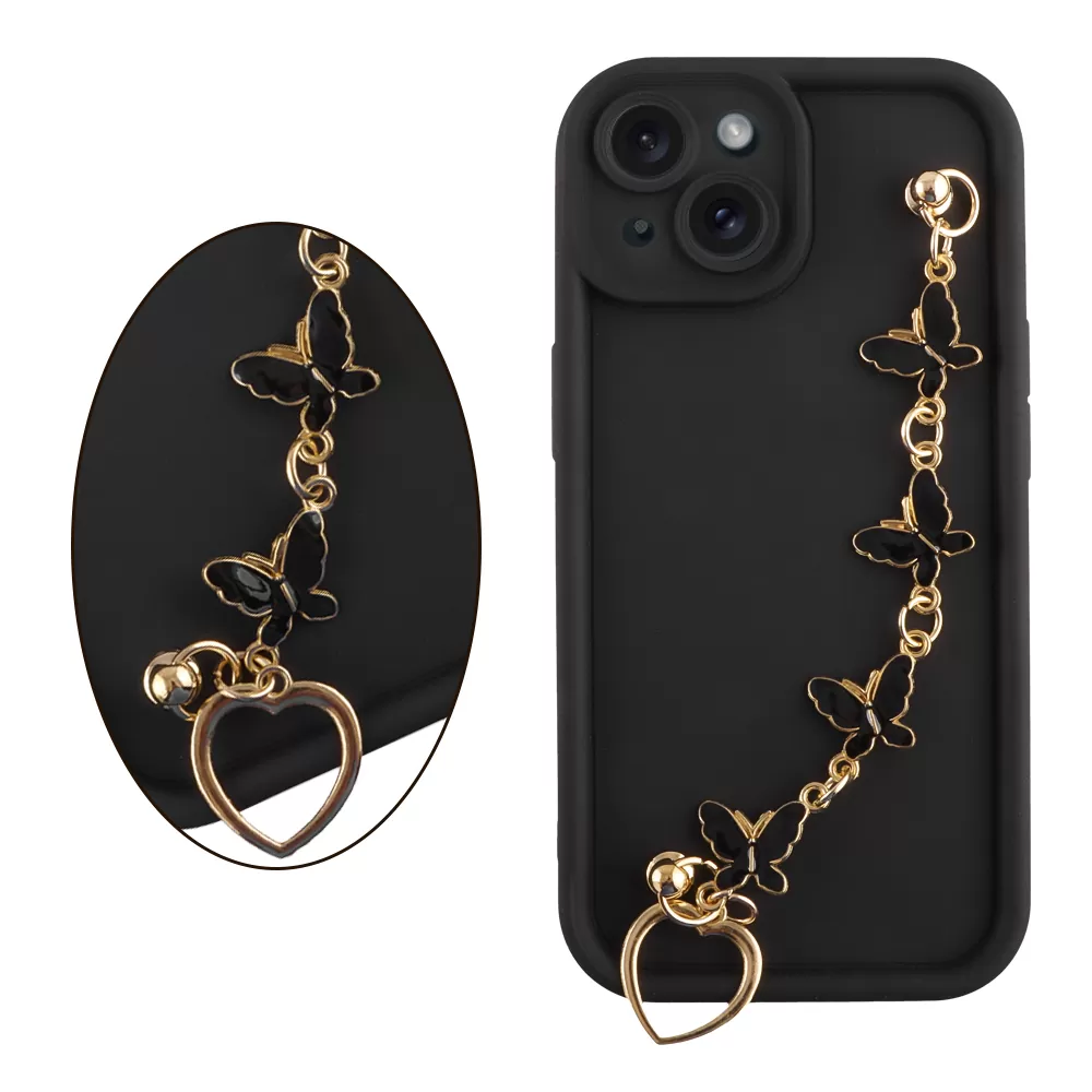 VOLTE-TEL SILICON TPU WITH STRAP ΘΗΚΗ IPHONE 14 6.1in  FULL CAMERA PROTECTION BLACK WITH BLACK BUTTERFLIES