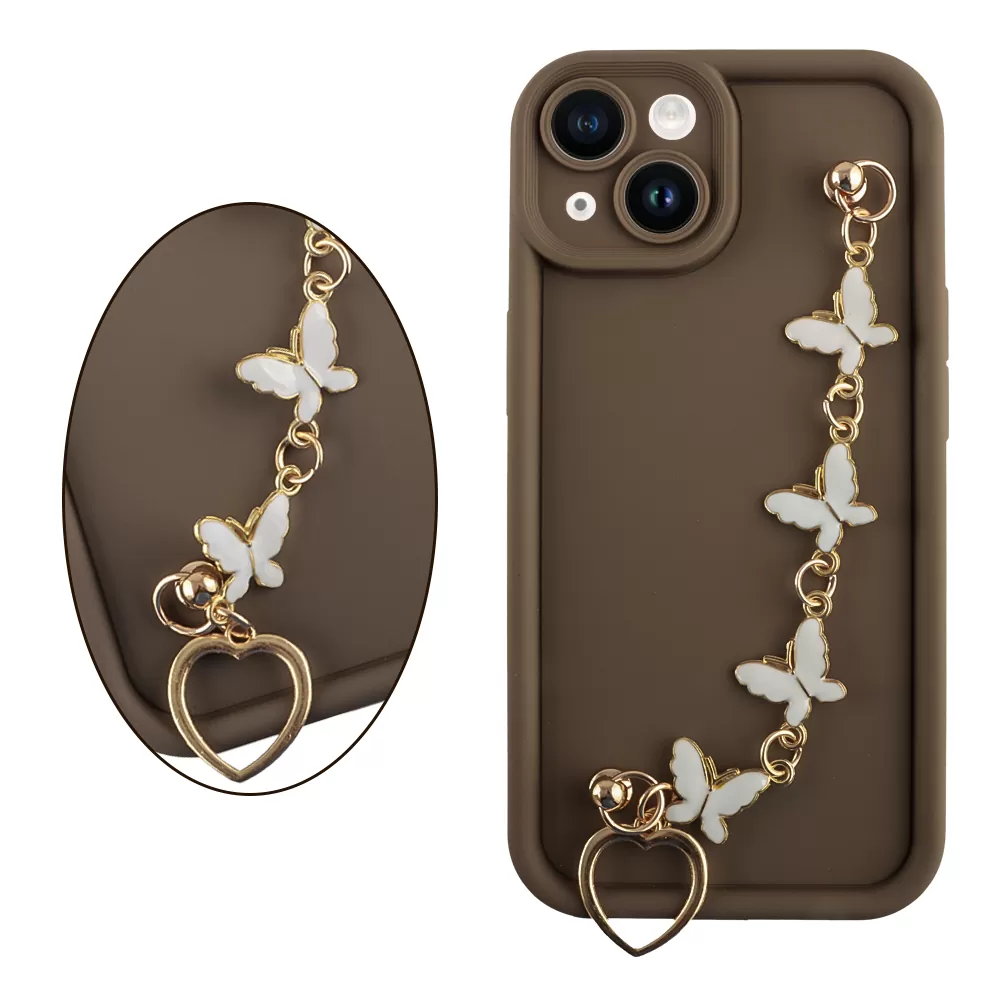 VOLTE-TEL SILICON TPU WITH STRAP ΘΗΚΗ IPHONE 14 6.1in  FULL CAMERA PROTECTION BROWN WITH WHITE BUTTERFLIES