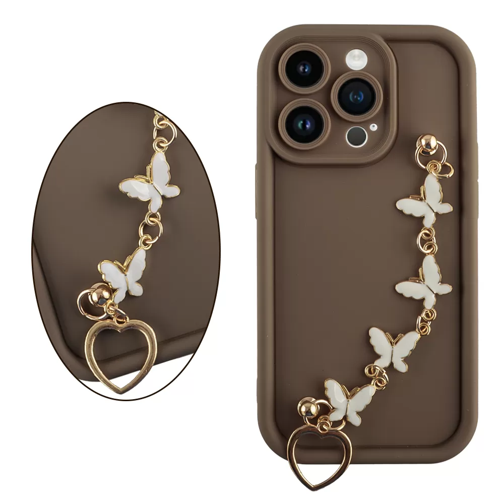 VOLTE-TEL SILICON TPU WITH STRAP ΘΗΚΗ IPHONE 14 PRO 6.1in  FULL CAMERA PROTECTION BROWN WITH WHITE BUTTERFLIES