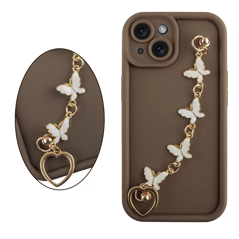 VOLTE-TEL SILICON TPU WITH STRAP ΘΗΚΗ IPHONE 15 6.1in  FULL CAMERA PROTECTION BROWN WITH WHITE BUTTERFLIES