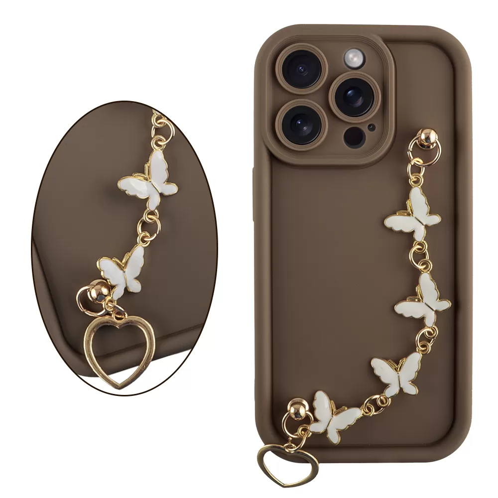 VOLTE-TEL SILICON TPU WITH STRAP ΘΗΚΗ IPHONE 15 PRO 6.1in  FULL CAMERA PROTECTION BROWN WITH WHITE BUTTERFLIES