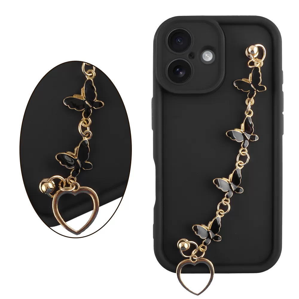 VOLTE-TEL SILICON TPU WITH STRAP ΘΗΚΗ IPHONE 16 6.1in  FULL CAMERA PROTECTION BLACK WITH BLACK BUTTERFLIES