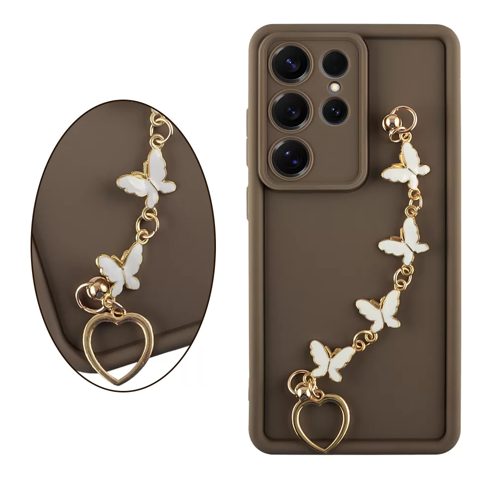 VOLTE-TEL SILICON TPU WITH STRAP ΘΗΚΗ SAMSUNG S25 ULTRA 5G S938 6.9in  FULL CAMERA PROTECTION BROWN WITH WHITE BUTTERFLIES