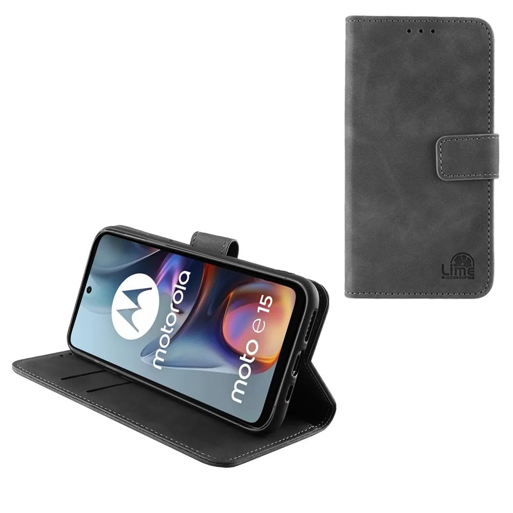 LIME ESSENTIAL ΘΗΚΗ MOTOROLA MOTO E15 4G 6.67in  MAGNET BOOK STAND CLIP GREY