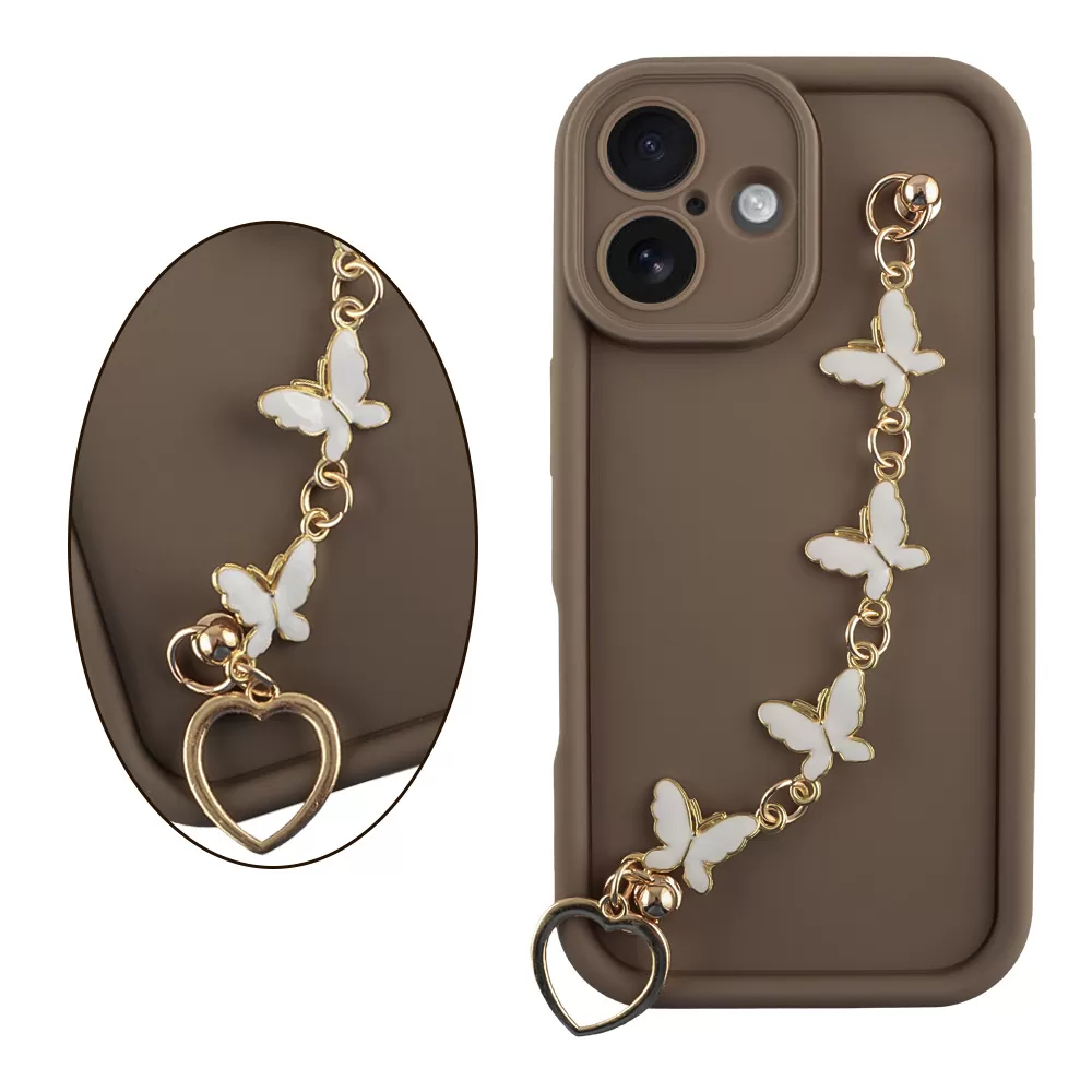 VOLTE-TEL SILICON TPU WITH STRAP ΘΗΚΗ IPHONE 17 6.3in  FULL CAMERA PROTECTION BROWN WITH WHITE BUTTERFLIES