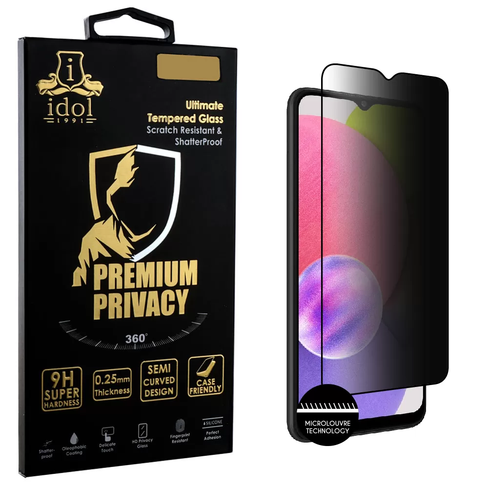 IDOL 1991 PREMIUM PRIVACY ANTISPY TEMPERED GLASS SAMSUNG A03s A037 6.5in 9H 0.25mm SEMI CURVED FULL GLUE BLACK